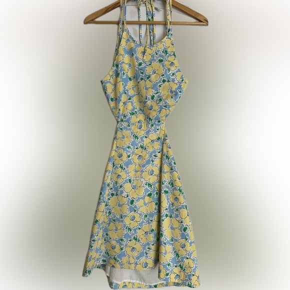 NWT ZARA Blue Yellow White Floral Cutout Backless Halter Mini Dress - Picture 5 of 7